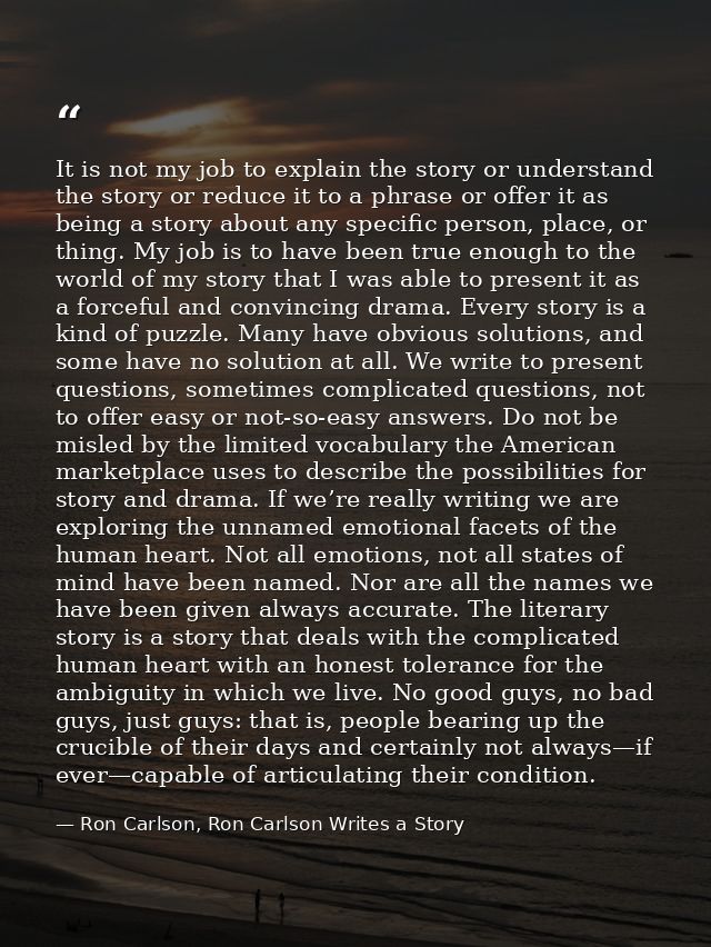 It is not my job to explain the story or understand the story or reduce it to a phrase or offer it as being a story abou — Ron Carlson, Ron Carlson Writes a Story