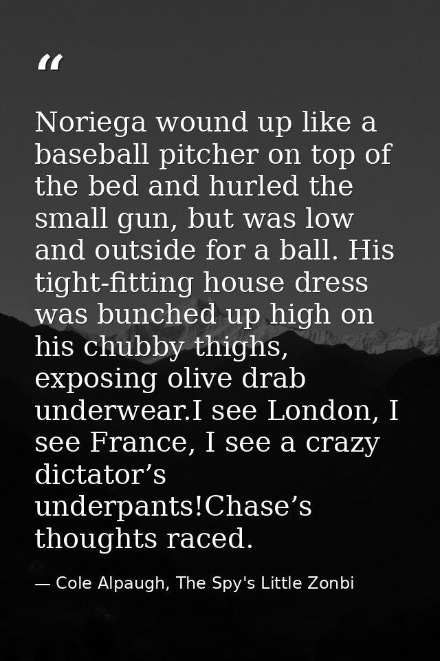 Noriega wound up like a baseball pitcher on top of the bed and hurled the small gun, but was low and outside for a ball. — Cole Alpaugh, The Spy's Little Zonbi