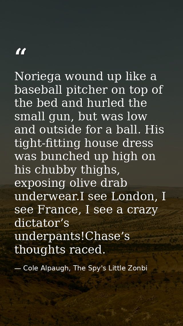 Noriega wound up like a baseball pitcher on top of the bed and hurled the small gun, but was low and outside for a ball. — Cole Alpaugh, The Spy's Little Zonbi
