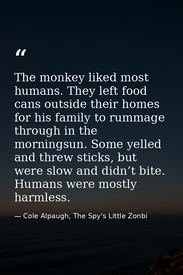 The monkey liked most humans. They left food cans outside their homes for his family to rummage through in the morningsu — Cole Alpaugh, The Spy's Little Zonbi