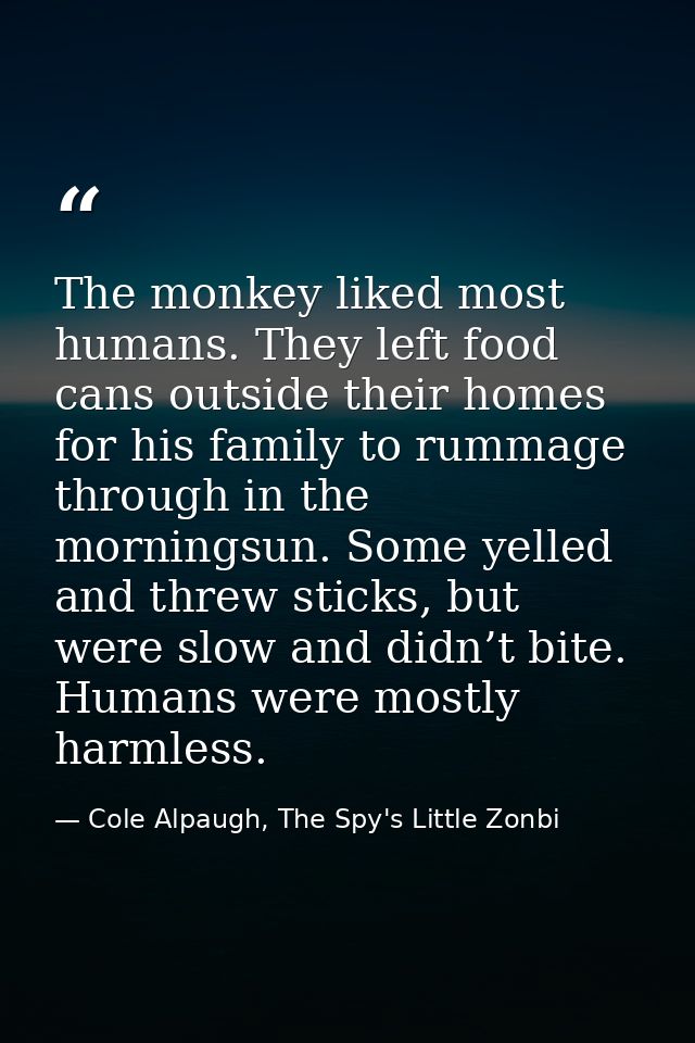 The monkey liked most humans. They left food cans outside their homes for his family to rummage through in the morningsu — Cole Alpaugh, The Spy's Little Zonbi