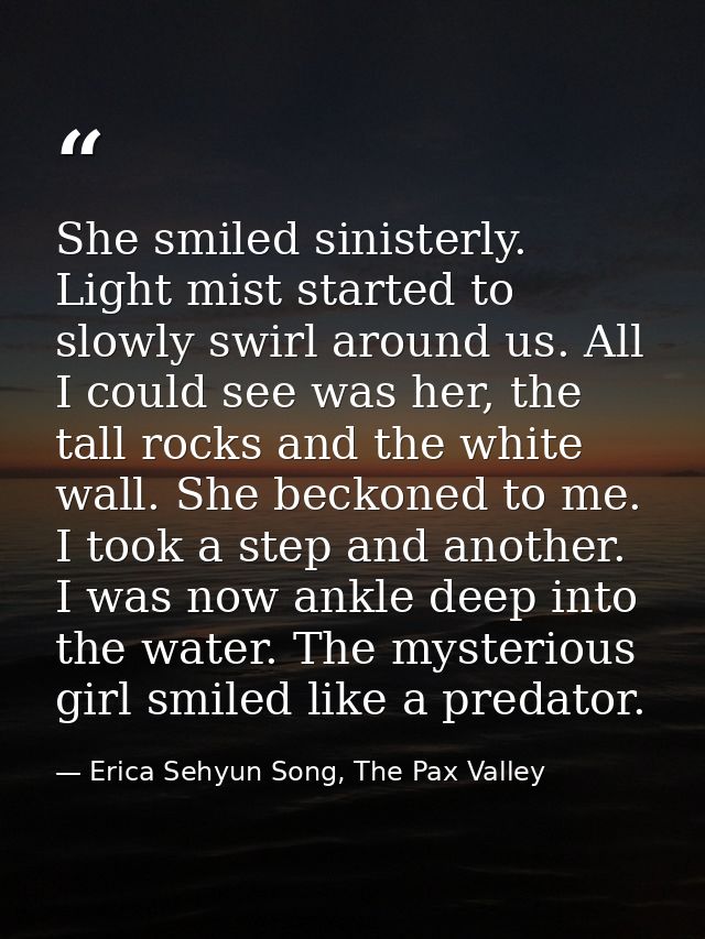 She smiled sinisterly. Light mist started to slowly swirl around us. All I could see was her, the tall rocks and the whi — Erica Sehyun Song, The Pax Valley
