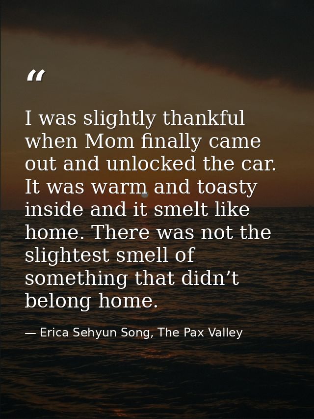 I was slightly thankful when Mom finally came out and unlocked the car. It was warm and toasty inside and it smelt like  — Erica Sehyun Song, The Pax Valley