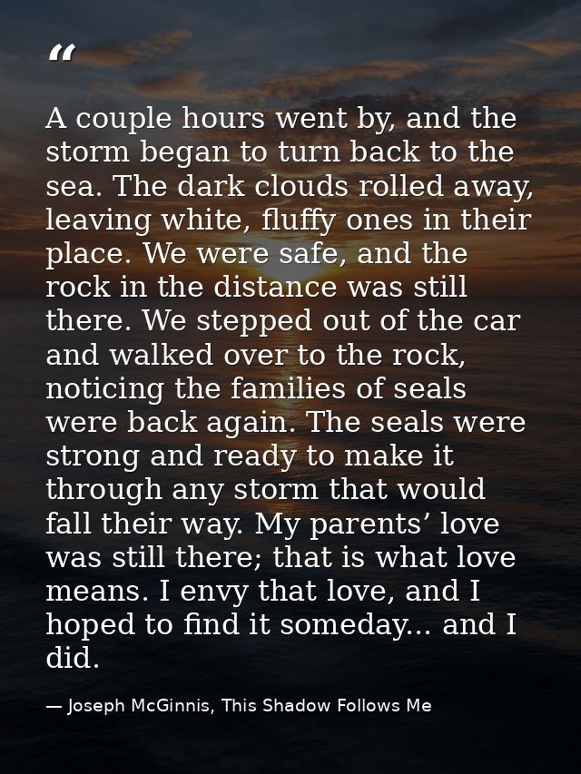 A couple hours went by, and the storm began to turn back to the sea. The dark clouds rolled away, leaving white, fluffy  — Joseph McGinnis, This Shadow Follows Me