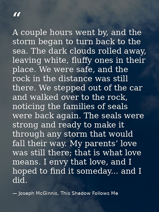 A couple hours went by, and the storm began to turn back to the sea. The dark clouds rolled away, leaving white, fluffy  — Joseph McGinnis, This Shadow Follows Me
