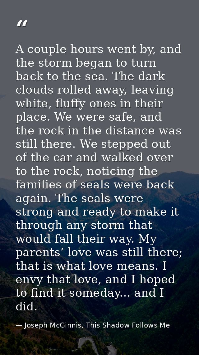 A couple hours went by, and the storm began to turn back to the sea. The dark clouds rolled away, leaving white, fluffy  — Joseph McGinnis, This Shadow Follows Me