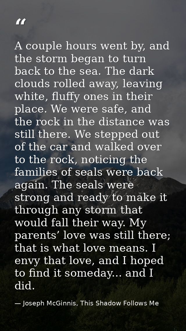 A couple hours went by, and the storm began to turn back to the sea. The dark clouds rolled away, leaving white, fluffy  — Joseph McGinnis, This Shadow Follows Me