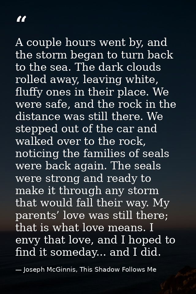 A couple hours went by, and the storm began to turn back to the sea. The dark clouds rolled away, leaving white, fluffy  — Joseph McGinnis, This Shadow Follows Me