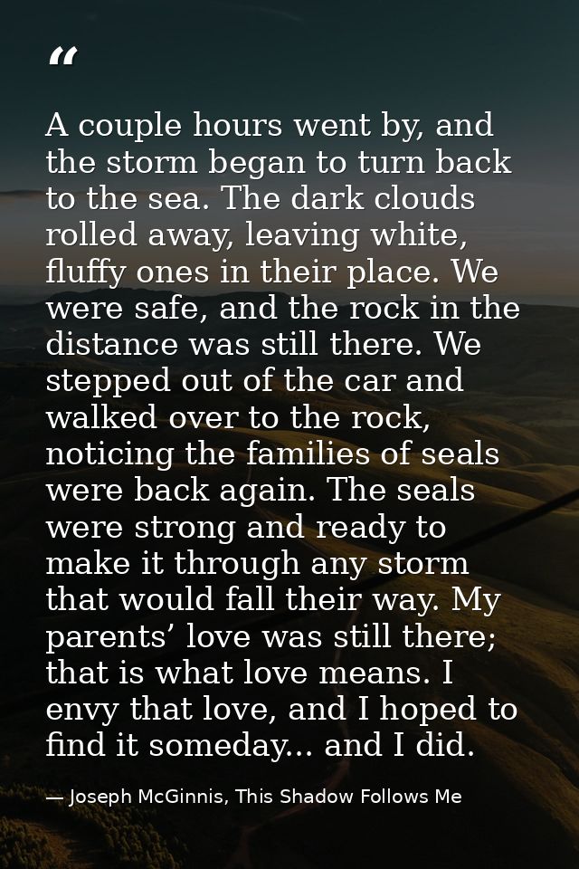 A couple hours went by, and the storm began to turn back to the sea. The dark clouds rolled away, leaving white, fluffy  — Joseph McGinnis, This Shadow Follows Me