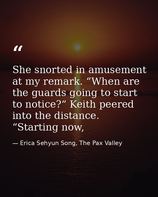 She snorted in amusement at my remark. “When are the guards going to start to notice?” Keith peered into the distance. “ — Erica Sehyun Song, The Pax Valley