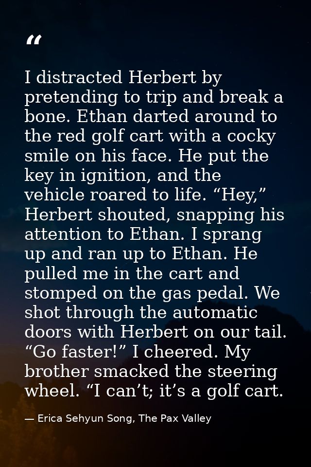 I distracted Herbert by pretending to trip and break a bone. Ethan darted around to the red golf cart with a cocky smile — Erica Sehyun Song, The Pax Valley