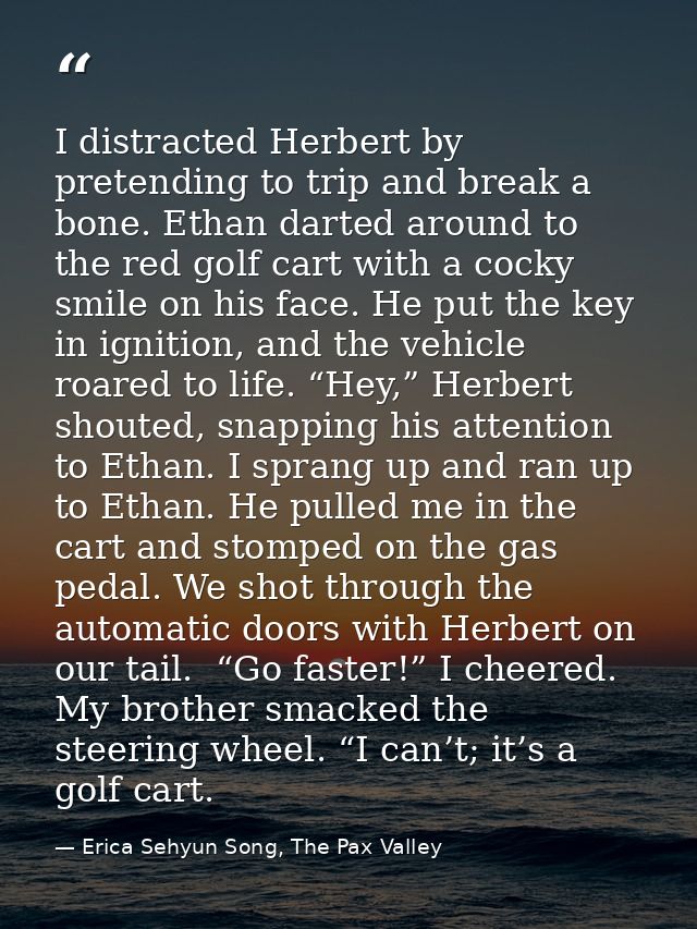 I distracted Herbert by pretending to trip and break a bone. Ethan darted around to the red golf cart with a cocky smile — Erica Sehyun Song, The Pax Valley