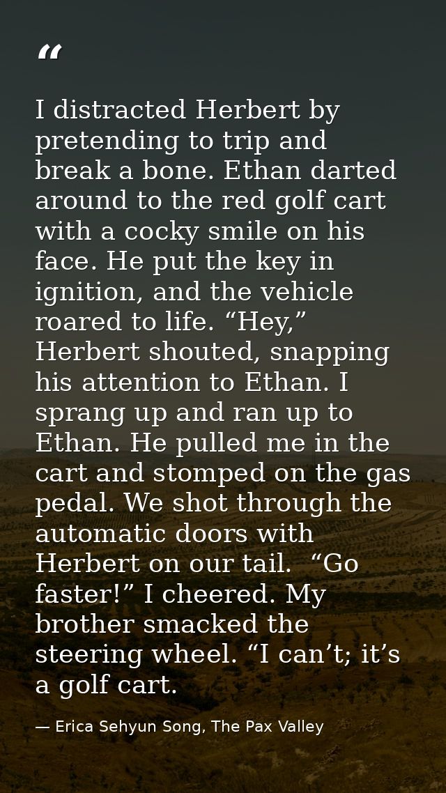 I distracted Herbert by pretending to trip and break a bone. Ethan darted around to the red golf cart with a cocky smile — Erica Sehyun Song, The Pax Valley