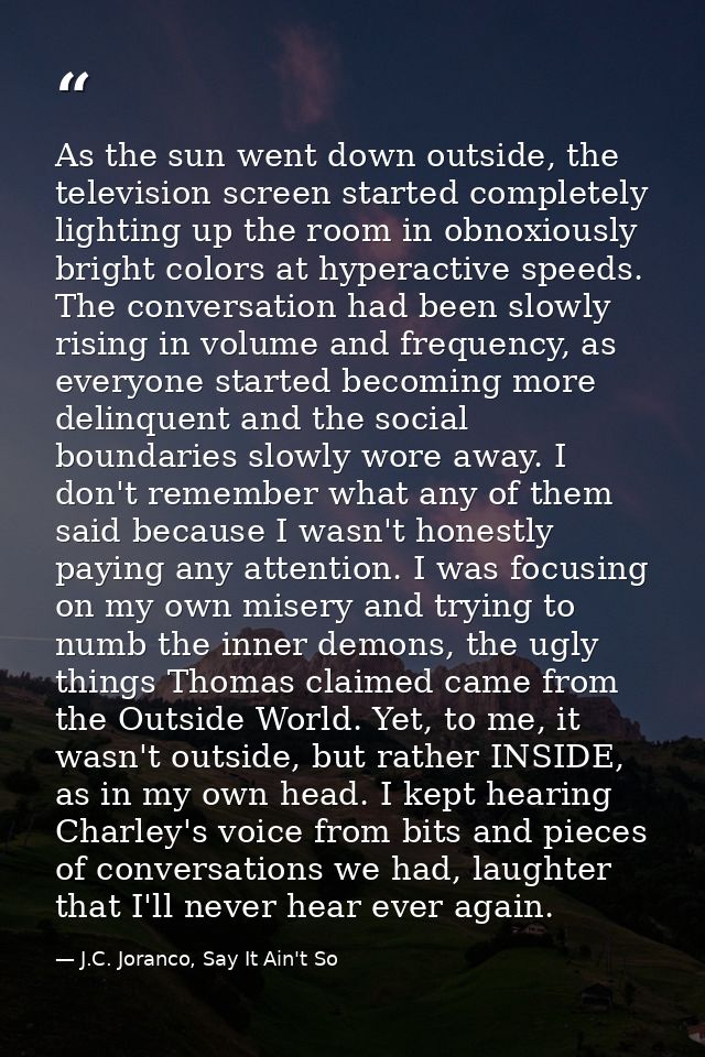 As the sun went down outside, the television screen started completely lighting up the room in obnoxiously bright colors — J.C. Joranco, Say It Ain't So