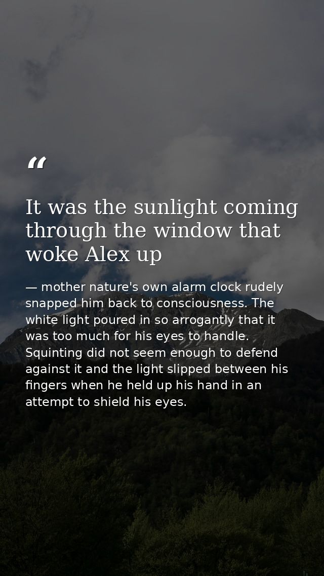 It was the sunlight coming through the window that woke Alex up — mother nature's own alarm clock rudely snapped him back to consciousness. The white light poured in so arrogantly that it was too much for his eyes to handle. Squinting did not seem enough to defend against it and the light slipped between his fingers when he held up his hand in an attempt to shield his eyes.