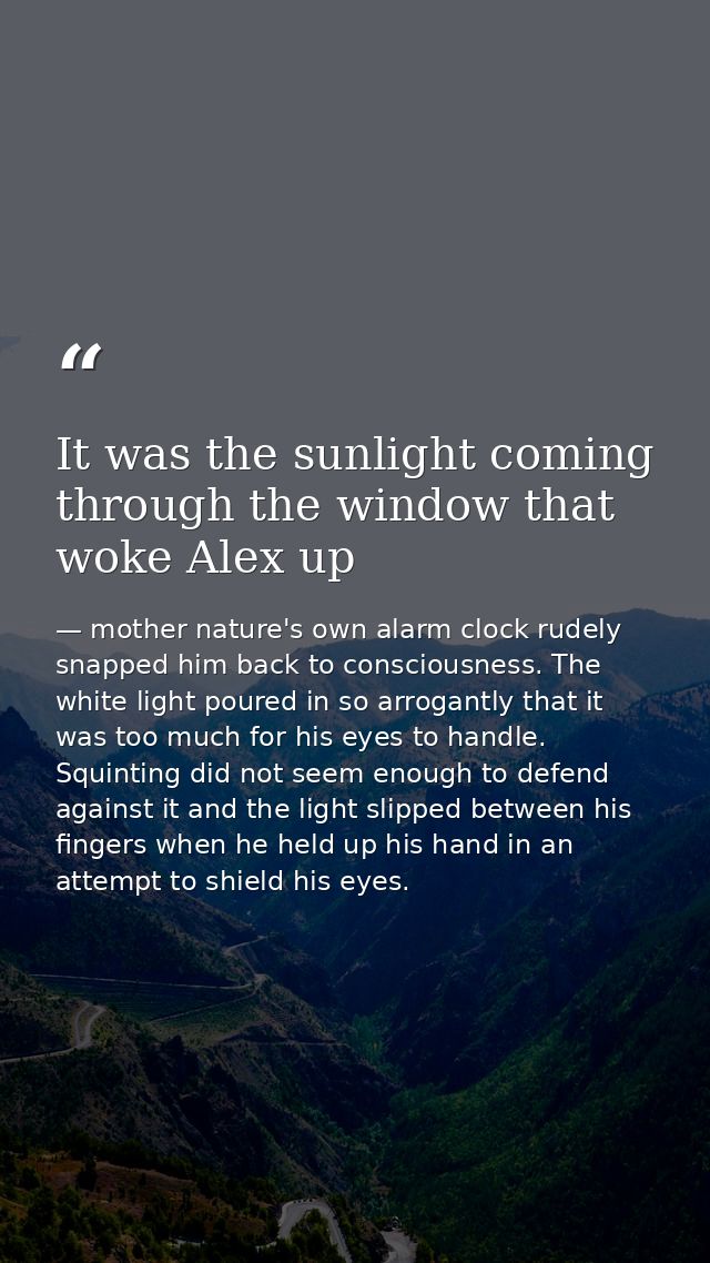 It was the sunlight coming through the window that woke Alex up — mother nature's own alarm clock rudely snapped him back to consciousness. The white light poured in so arrogantly that it was too much for his eyes to handle. Squinting did not seem enough to defend against it and the light slipped between his fingers when he held up his hand in an attempt to shield his eyes.