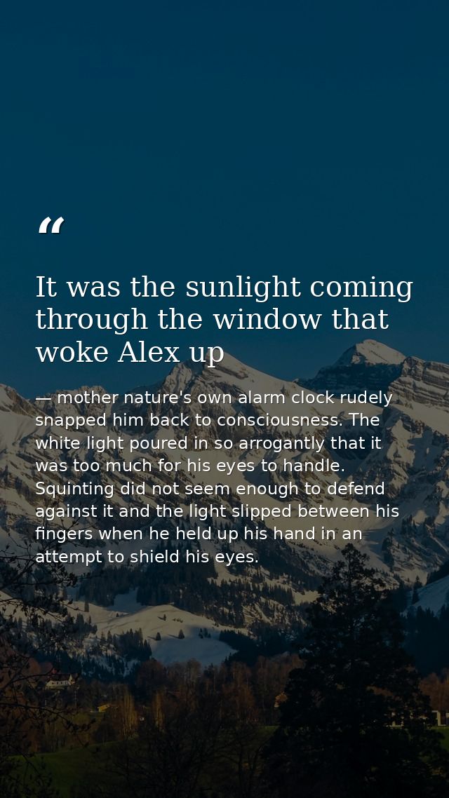 It was the sunlight coming through the window that woke Alex up — mother nature's own alarm clock rudely snapped him back to consciousness. The white light poured in so arrogantly that it was too much for his eyes to handle. Squinting did not seem enough to defend against it and the light slipped between his fingers when he held up his hand in an attempt to shield his eyes.