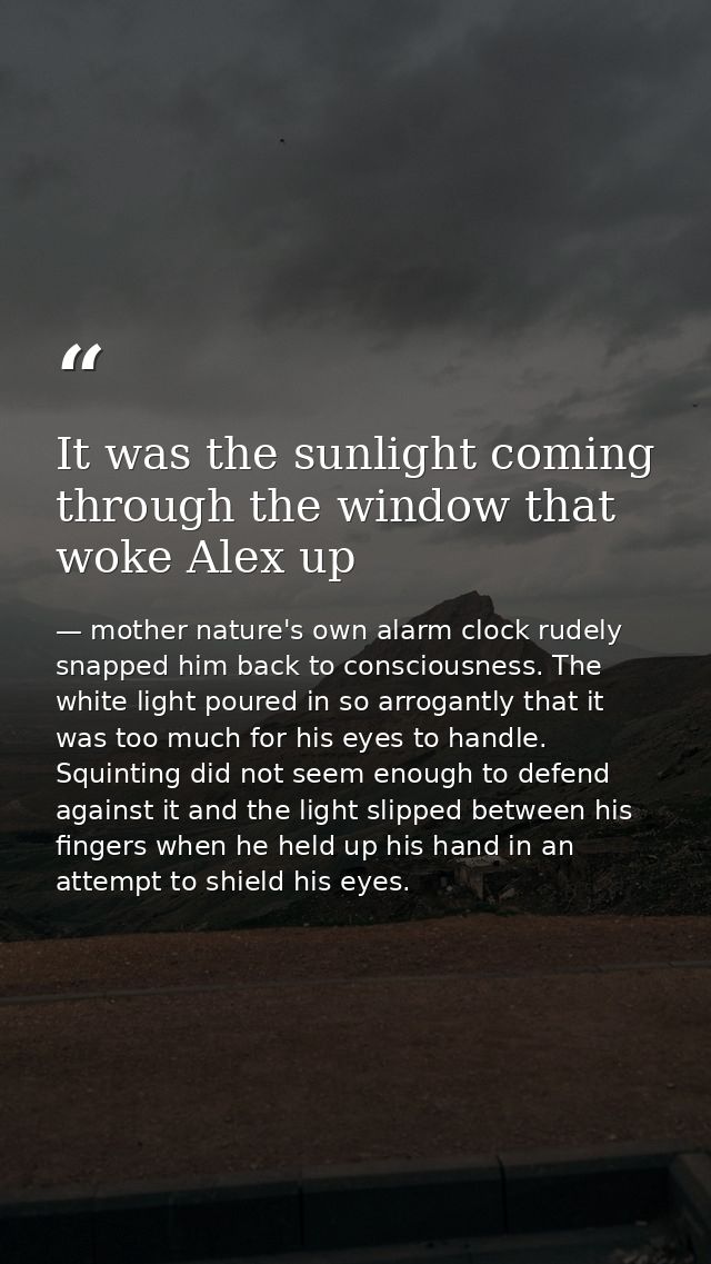 It was the sunlight coming through the window that woke Alex up — mother nature's own alarm clock rudely snapped him back to consciousness. The white light poured in so arrogantly that it was too much for his eyes to handle. Squinting did not seem enough to defend against it and the light slipped between his fingers when he held up his hand in an attempt to shield his eyes.