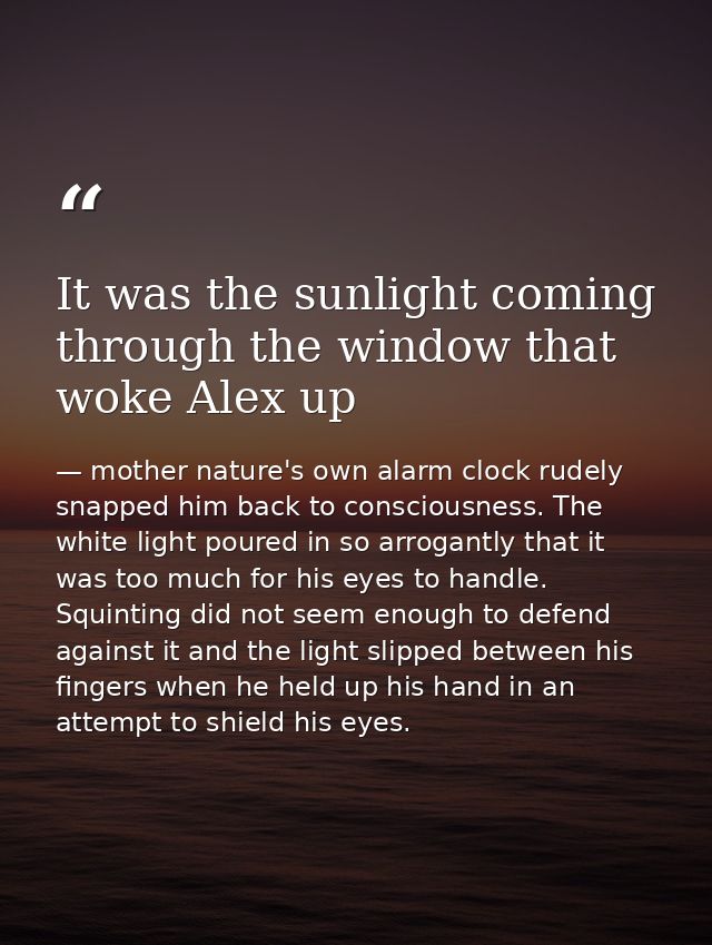 It was the sunlight coming through the window that woke Alex up — mother nature's own alarm clock rudely snapped him back to consciousness. The white light poured in so arrogantly that it was too much for his eyes to handle. Squinting did not seem enough to defend against it and the light slipped between his fingers when he held up his hand in an attempt to shield his eyes.