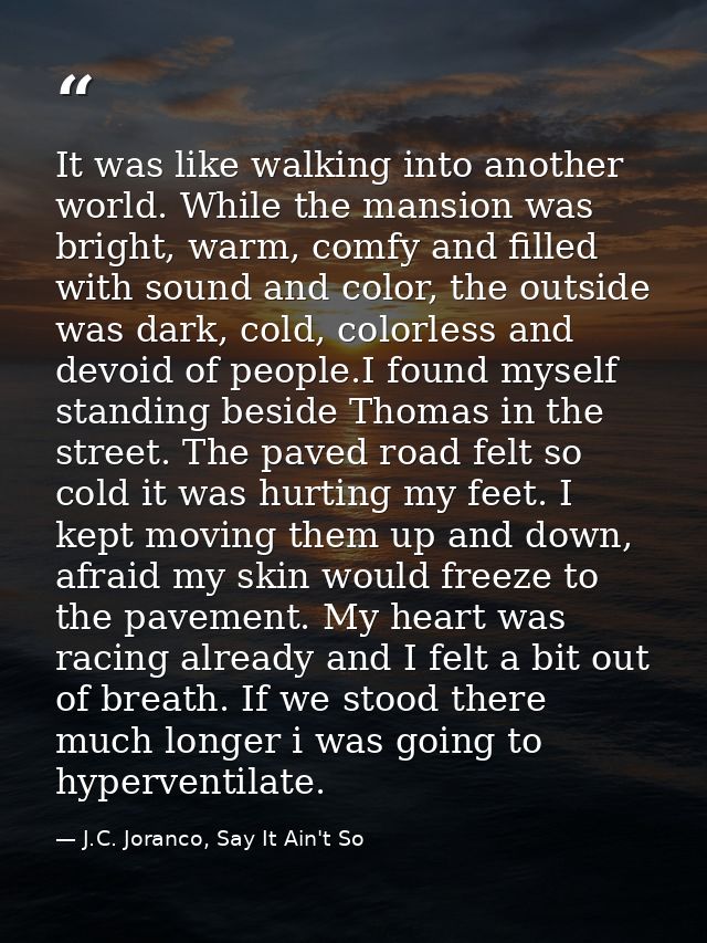 It was like walking into another world. While the mansion was bright, warm, comfy and filled with sound and color, the o — J.C. Joranco, Say It Ain't So