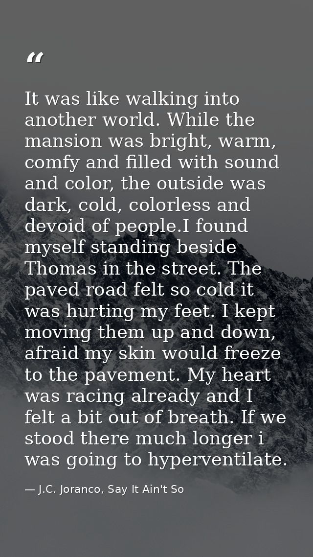 It was like walking into another world. While the mansion was bright, warm, comfy and filled with sound and color, the o — J.C. Joranco, Say It Ain't So