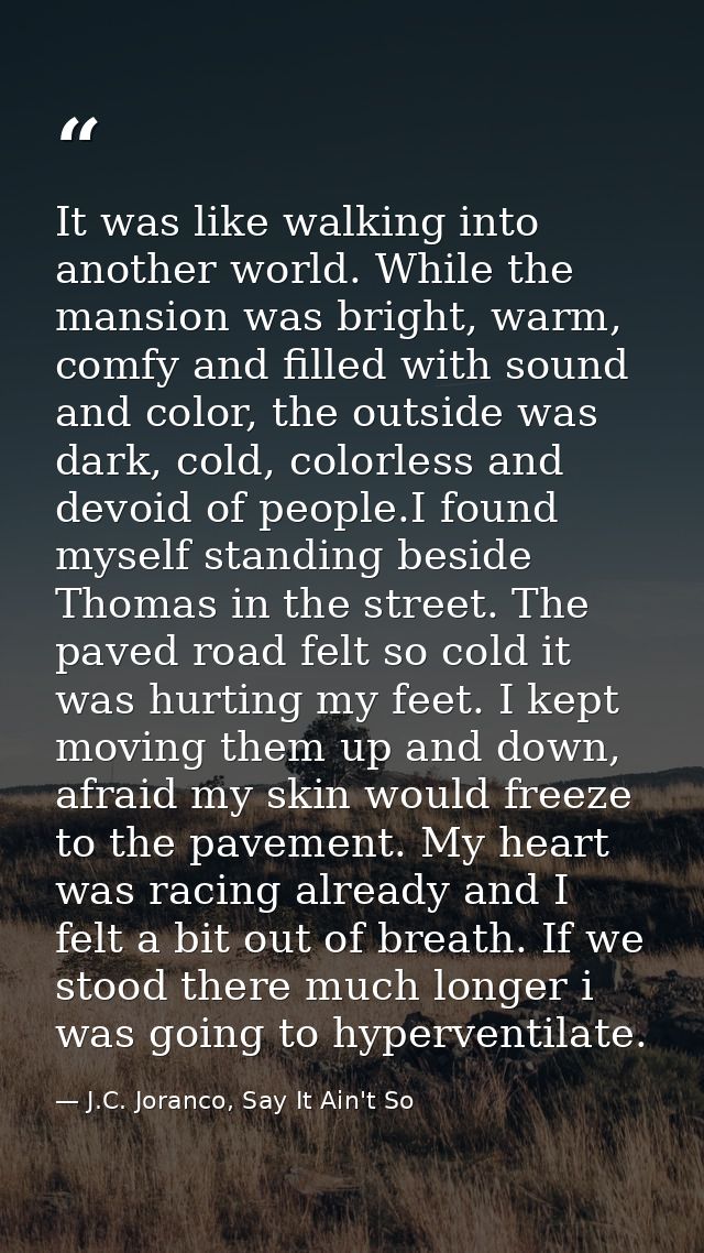 It was like walking into another world. While the mansion was bright, warm, comfy and filled with sound and color, the o — J.C. Joranco, Say It Ain't So