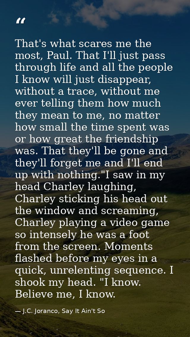 That's what scares me the most, Paul. That I'll just pass through life and all the people I know will just disappear, wi — J.C. Joranco, Say It Ain't So