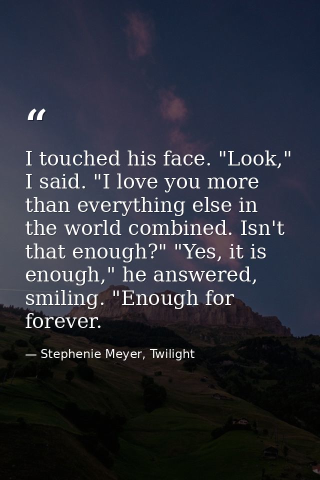 I touched his face. "Look," I said. "I love you more than everything else in the world combined. Isn't that enough?" "Ye — Stephenie Meyer, Twilight