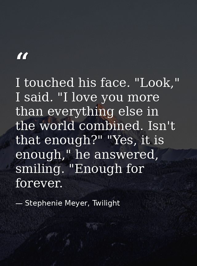 I touched his face. "Look," I said. "I love you more than everything else in the world combined. Isn't that enough?" "Ye — Stephenie Meyer, Twilight