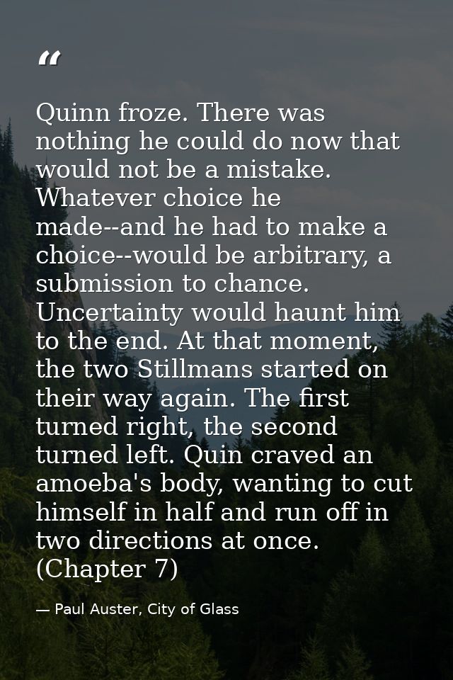 Quinn froze. There was nothing he could do now that would not be a mistake. Whatever choice he made--and he had to make  — Paul Auster, City of Glass