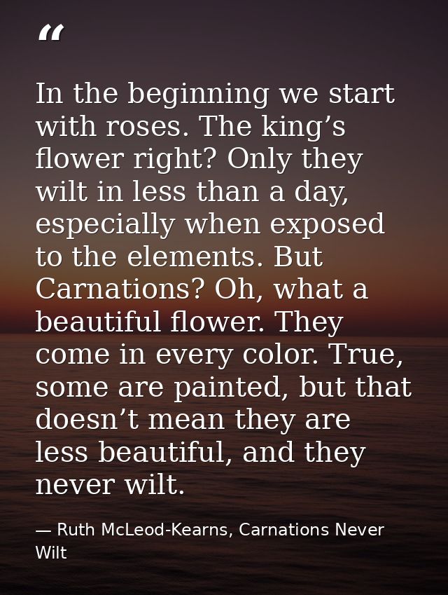 In the beginning we start with roses. The king’s flower right? Only they wilt in less than a day, especially when expose — Ruth McLeod-Kearns, Carnations Never Wilt