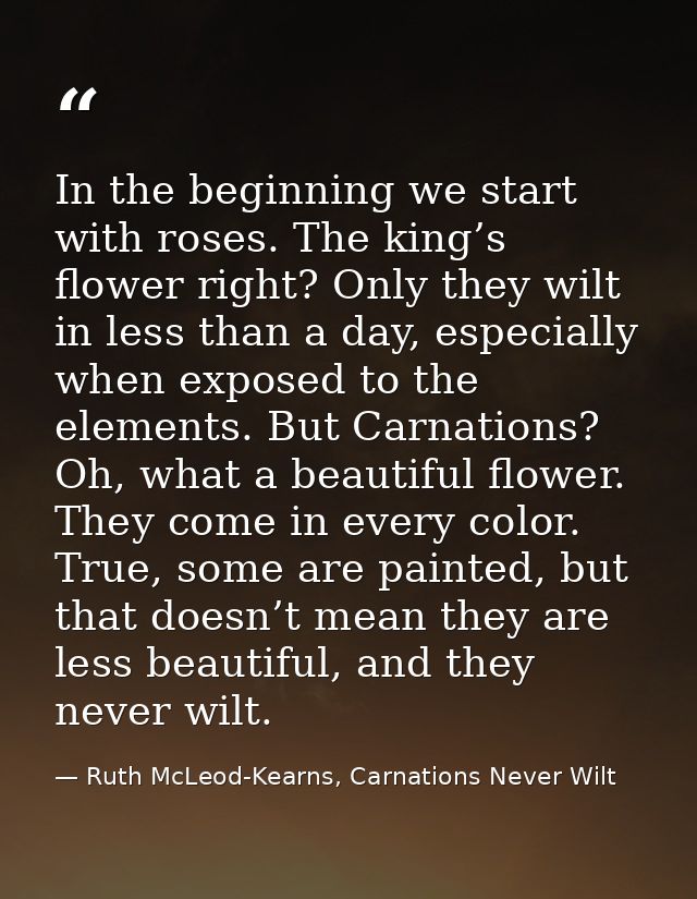 In the beginning we start with roses. The king’s flower right? Only they wilt in less than a day, especially when expose — Ruth McLeod-Kearns, Carnations Never Wilt