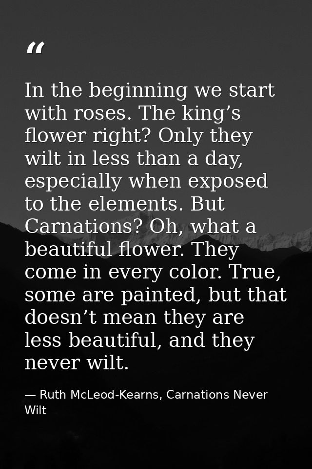 In the beginning we start with roses. The king’s flower right? Only they wilt in less than a day, especially when expose — Ruth McLeod-Kearns, Carnations Never Wilt