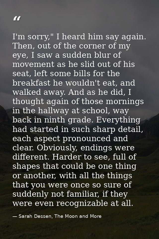 I'm sorry," I heard him say again. Then, out of the corner of my eye, I saw a sudden blur of movement as he slid out of  — Sarah Dessen, The Moon and More