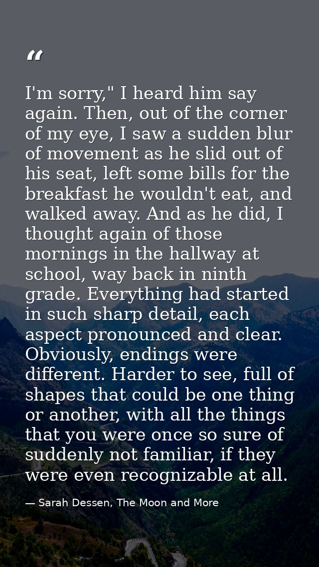 I'm sorry," I heard him say again. Then, out of the corner of my eye, I saw a sudden blur of movement as he slid out of  — Sarah Dessen, The Moon and More