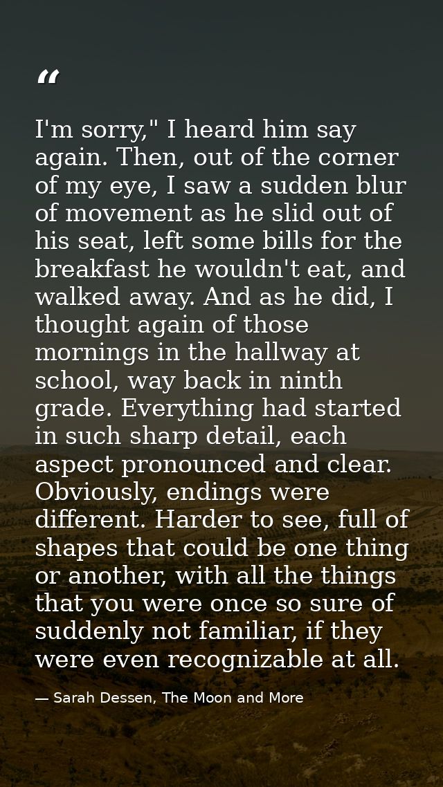 I'm sorry," I heard him say again. Then, out of the corner of my eye, I saw a sudden blur of movement as he slid out of  — Sarah Dessen, The Moon and More