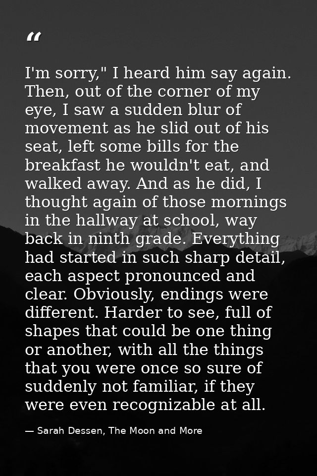 I'm sorry," I heard him say again. Then, out of the corner of my eye, I saw a sudden blur of movement as he slid out of  — Sarah Dessen, The Moon and More