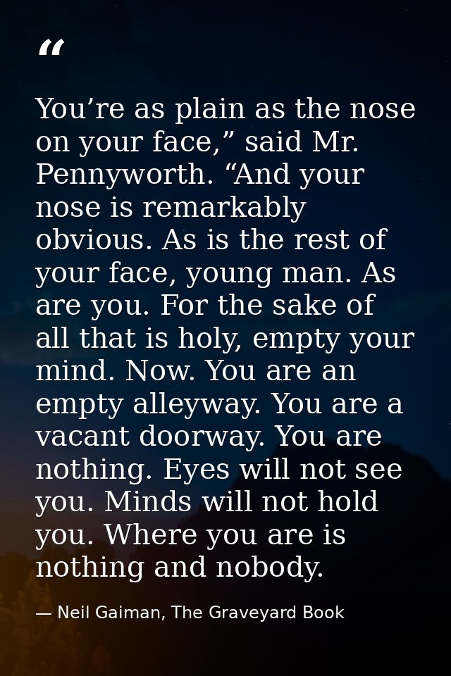 You’re as plain as the nose on your face,” said Mr. Pennyworth. “And your nose is remarkably obvious. As is the rest of  — Neil Gaiman, The Graveyard Book