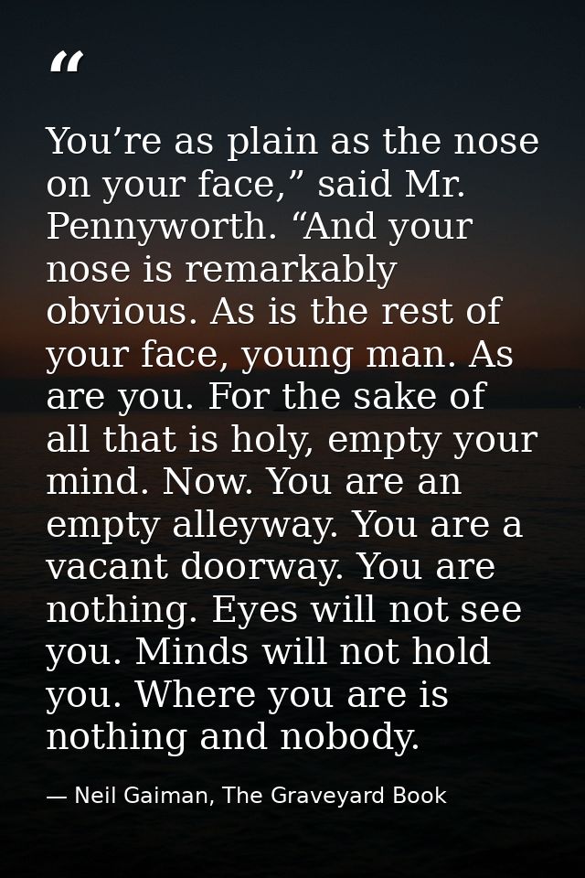 You’re as plain as the nose on your face,” said Mr. Pennyworth. “And your nose is remarkably obvious. As is the rest of  — Neil Gaiman, The Graveyard Book
