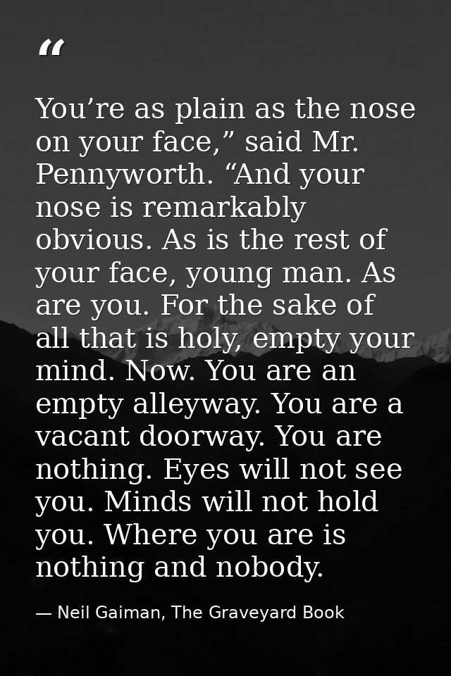 You’re as plain as the nose on your face,” said Mr. Pennyworth. “And your nose is remarkably obvious. As is the rest of  — Neil Gaiman, The Graveyard Book