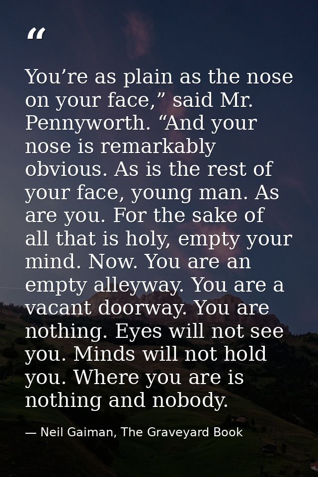 You’re as plain as the nose on your face,” said Mr. Pennyworth. “And your nose is remarkably obvious. As is the rest of  — Neil Gaiman, The Graveyard Book
