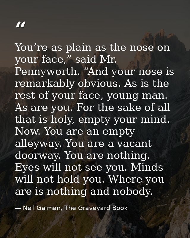You’re as plain as the nose on your face,” said Mr. Pennyworth. “And your nose is remarkably obvious. As is the rest of  — Neil Gaiman, The Graveyard Book