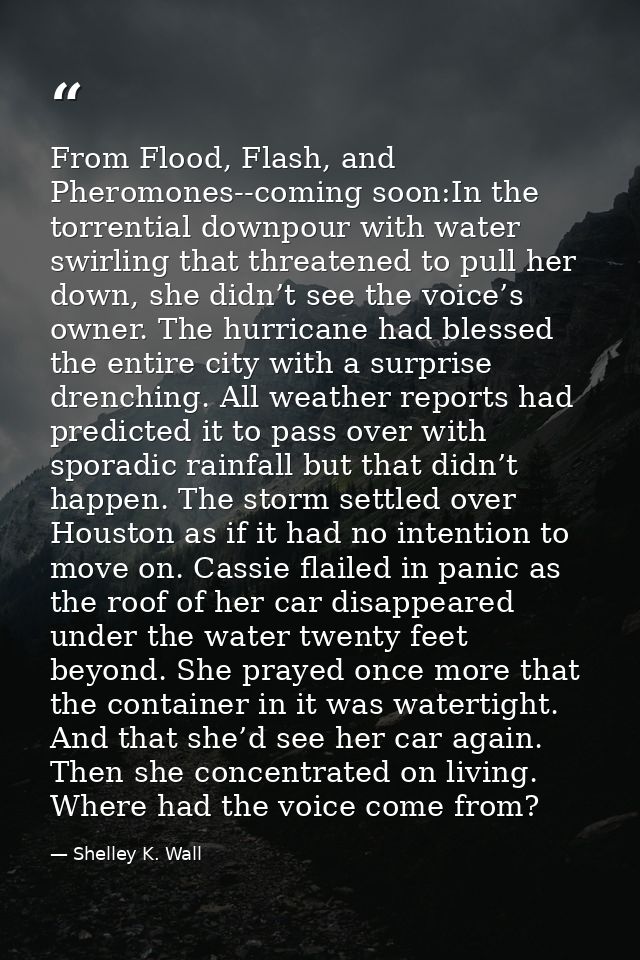 From Flood, Flash, and Pheromones--coming soon:In the torrential downpour with water swirling that threatened to pull he — Shelley K. Wall