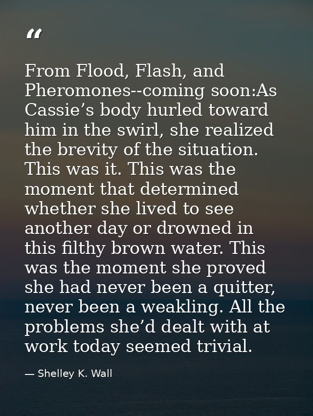 From Flood, Flash, and Pheromones--coming soon:As Cassie’s body hurled toward him in the swirl, she realized the brevity — Shelley K. Wall