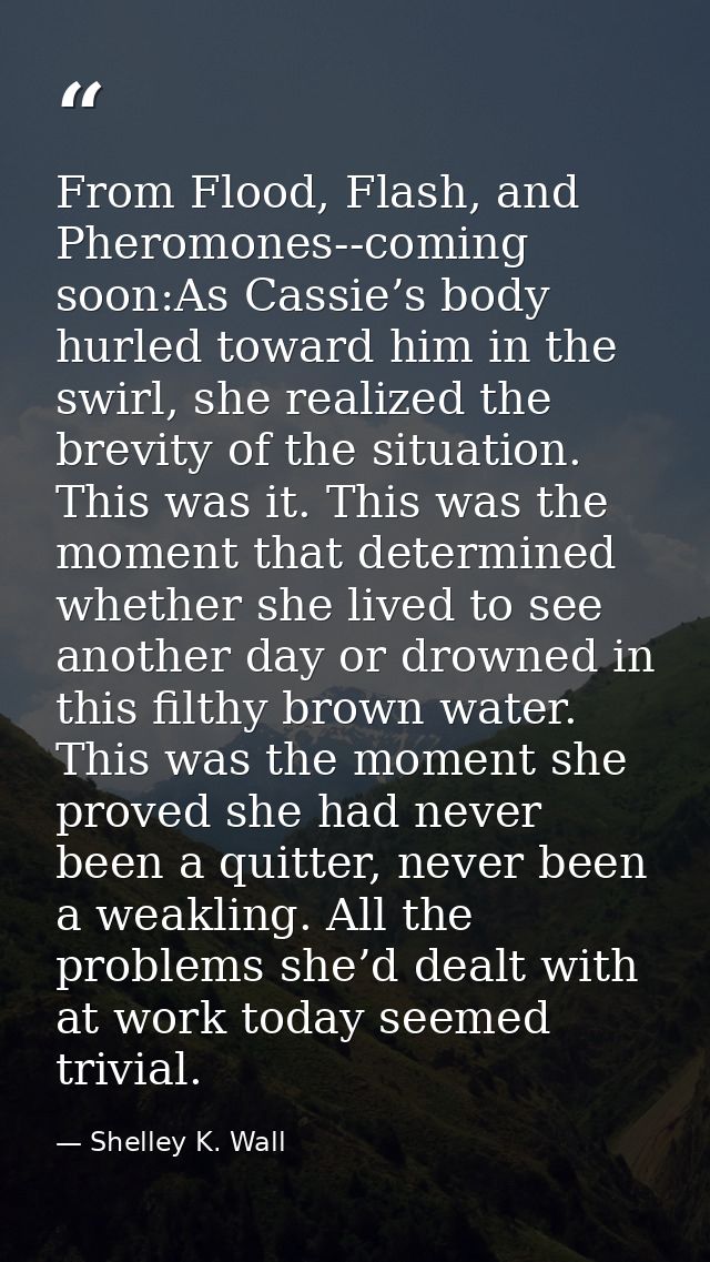 From Flood, Flash, and Pheromones--coming soon:As Cassie’s body hurled toward him in the swirl, she realized the brevity — Shelley K. Wall