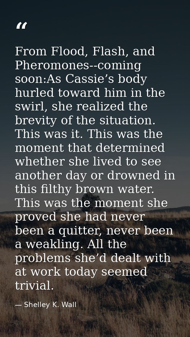 From Flood, Flash, and Pheromones--coming soon:As Cassie’s body hurled toward him in the swirl, she realized the brevity — Shelley K. Wall