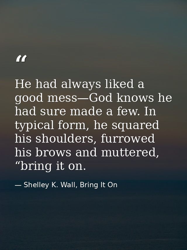 He had always liked a good mess—God knows he had sure made a few. In typical form, he squared his shoulders, furrowed hi — Shelley K. Wall, Bring It On