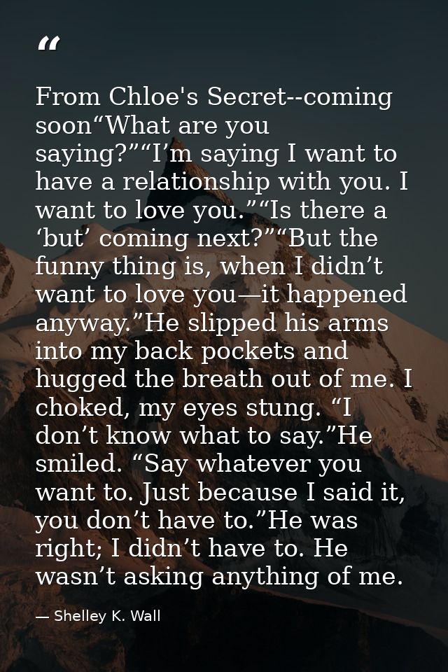 From Chloe's Secret--coming soon“What are you saying?”“I’m saying I want to have a relationship with you. I want to love — Shelley K. Wall