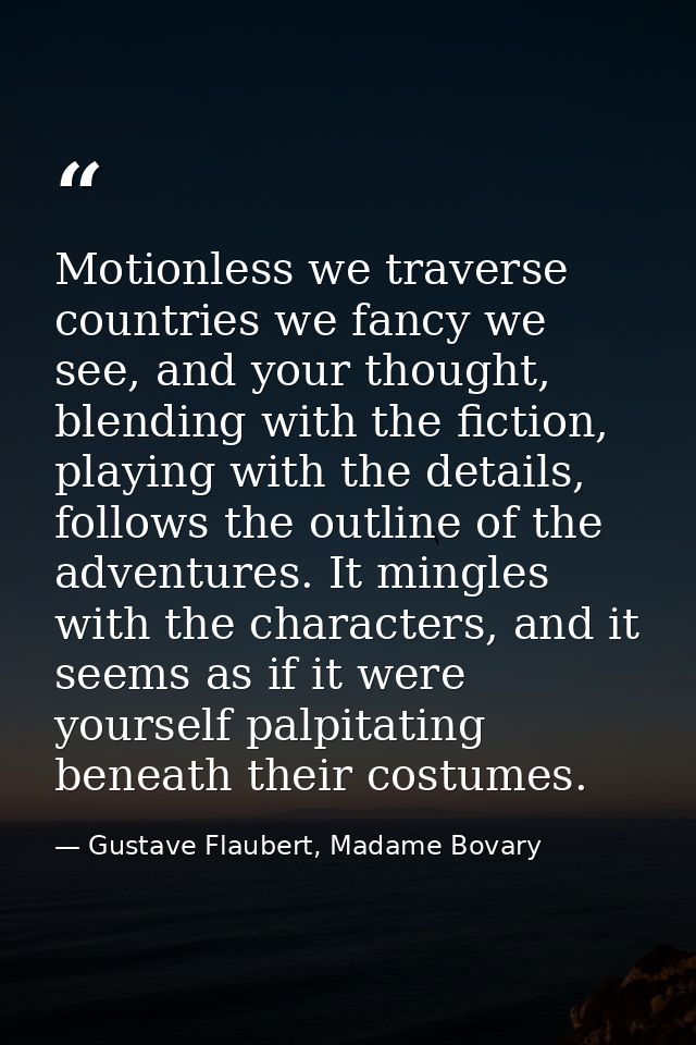Motionless we traverse countries we fancy we see, and your thought, blending with the fiction, playing with the details, — Gustave Flaubert, Madame Bovary