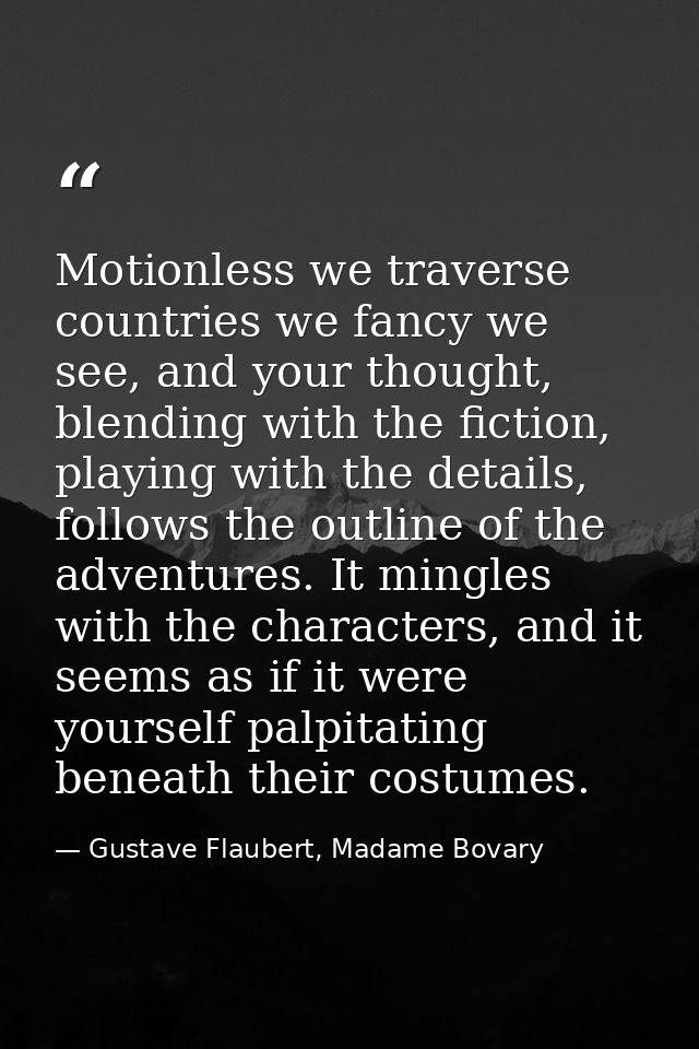 Motionless we traverse countries we fancy we see, and your thought, blending with the fiction, playing with the details, — Gustave Flaubert, Madame Bovary